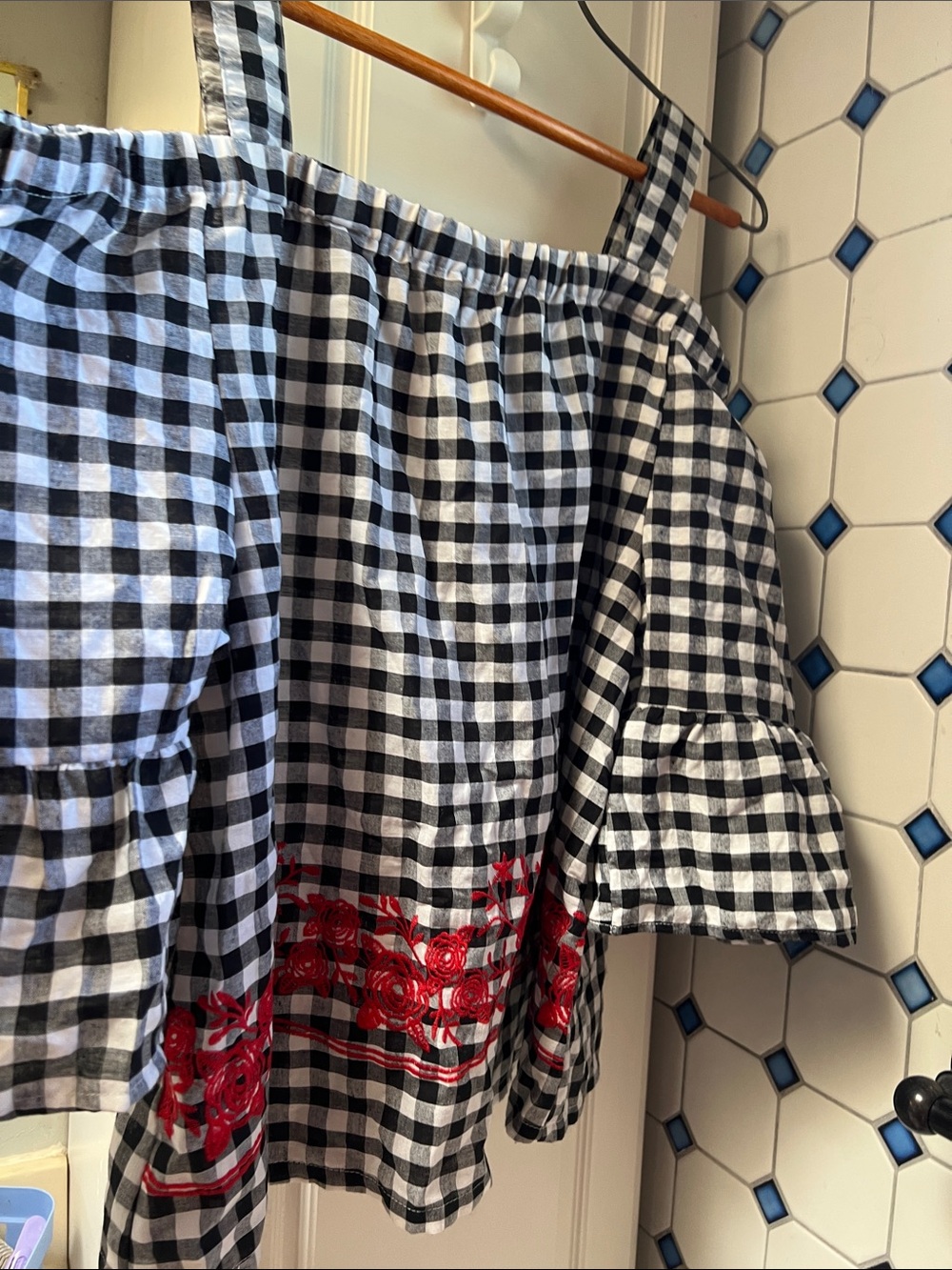 Black & White Gingham Off-Shoulder Top with Red Floral Embroidery